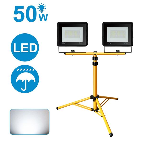 Jiubiaz Led Proiettore Con Treppiede Proiettore Da Esterno Costruzione IP66 Proiettore Per Giardino Cortile Cortile 2X50W Bianco Freddo-image