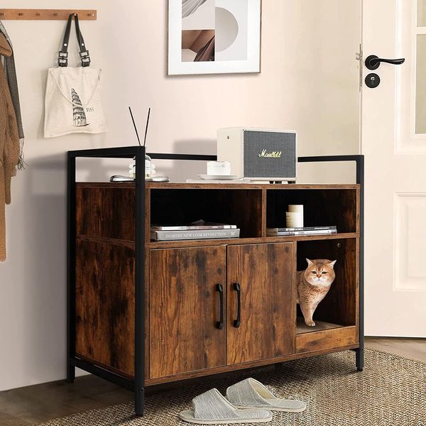 Costway Lettiera Con Doppia Porta, Tiragraffi, Ripiano Aperto E 2 Scomparti, Lettiera, Grotta Per Gatti, Casa Per Gatti, Per Cani Da Compagnia (Caffè)-image