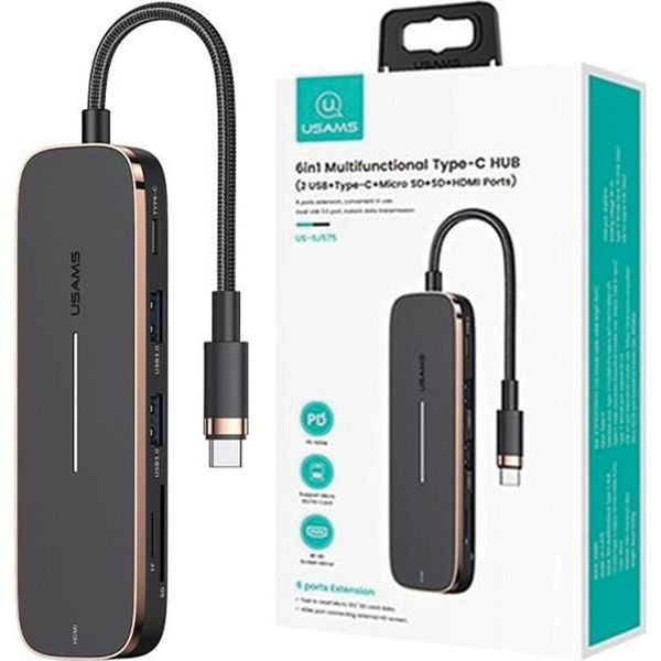 Hub Adattatore Usams 2Xusb + Usb-C + Hdmi+ Micro Sd+Sd Czarny/Nero Sj575Hub01 (Us-Sj575)-image
