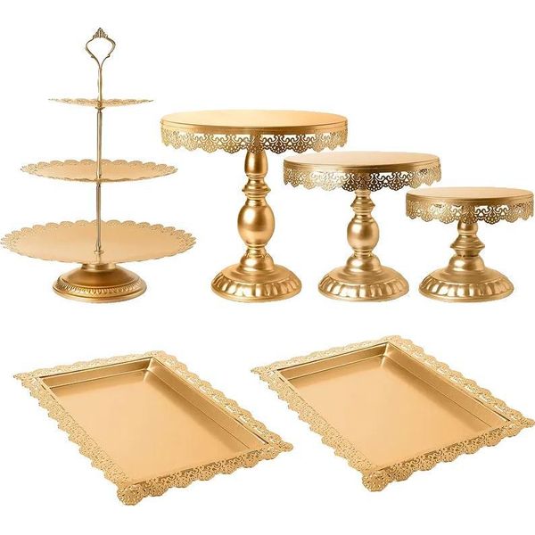 Set Di Alzate Per Torte Dorate, Supporto Per Cupcake A 3 Livelli, Piatti Rettangolari In Pizzo, Facili Da Assemblare, 6 Pezzi Per Set-image