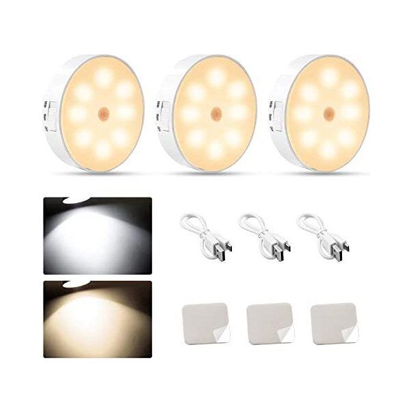 Illuminazione Dell'armadio A 3 Led, Luce Notturna Con Sensore Di Movimento Delle Scale, Ricaricabile Via Usb, Luce Calda/Bianca, Scale, Corridoio, Camera Da Letto,-image