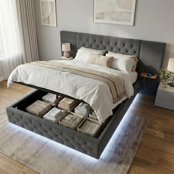 Letto Imbottito Lvhom 160X200 Cm Con Led E Usb, Letto Matrimoniale Idraulico Con Ripiani, Letto Per Ragazzi Con Rete A Doghe, Letto A Molle Insacchettate In Velluto, Grigio-image