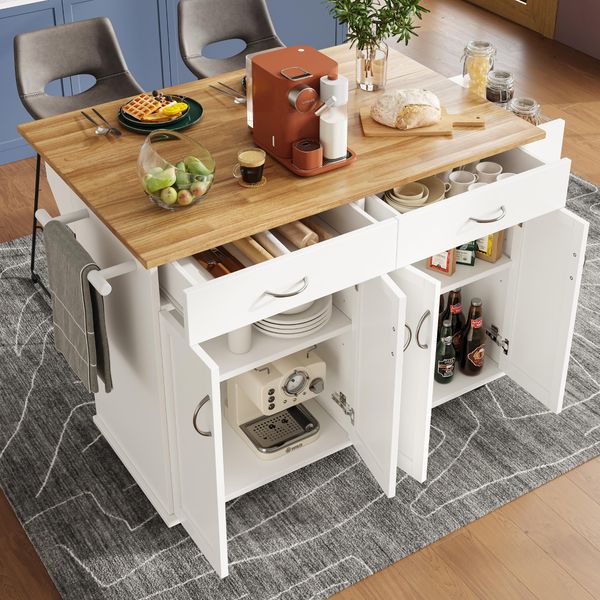 Carrello Da Portata Flieks Carrello Da Cucina Con Piano Di Lavoro Pieghevole, Mobile Da Cucina Isola Da Cucina Carrello Da Pranzo Con Cassetti E Portasciugamani, Bianco-image