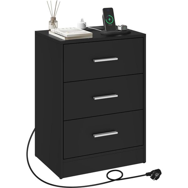 Comodino - Comodino Con 3 Cassetti - 39×28,5×54,5 Cm - Truciolato E1 E Mdf - Portata 30 Kg - Necessario Il Montaggio - Nero (1 Pezzo)-image