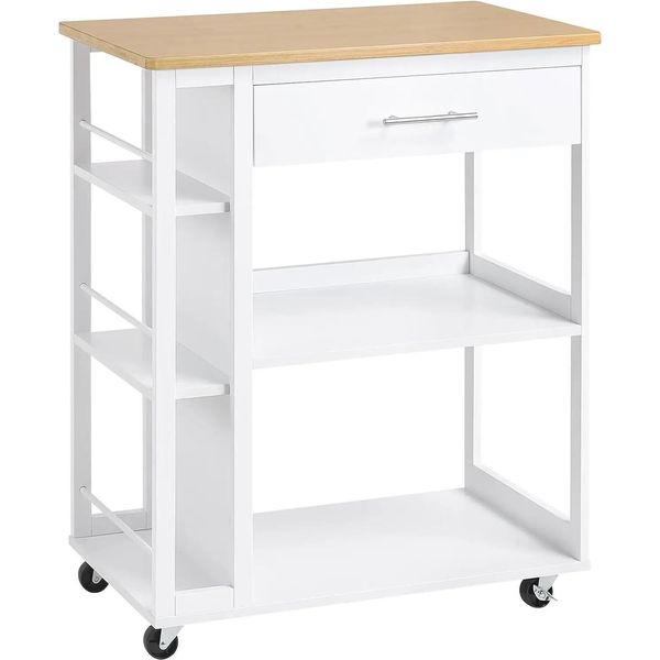 Carrello Da Cucina - Carrello Portavivande - 73×88×38 Cm - 3 Cassetti - Piano Di Lavoro - Ripiani - Ruote Con Freno - Legno - Bianco-image