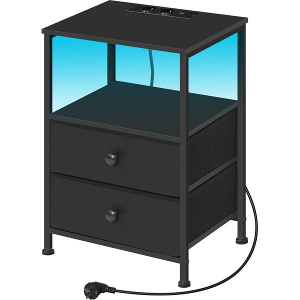 Comodino - Tavolino Con Porte Di Ricarica Usb - Illuminazione Led 21 Modalità - 2 Cassetti - 40 X 60 X 30 Cm - Cavo 2 M - 1 Pezzo - Nero-image