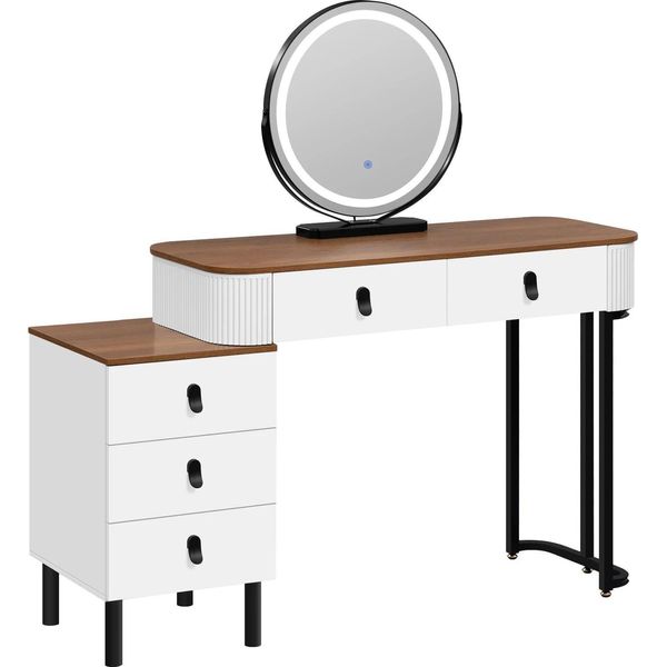 Tavolino Da Trucco - Tavolino Da Toilette - Led Con 3 Modalità Di Illuminazione - Specchio Girevole A 360° - Mobiletto Laterale Flessibile - 5 Cassetti - 100 X 125 X 40 Cm - Marrone-image