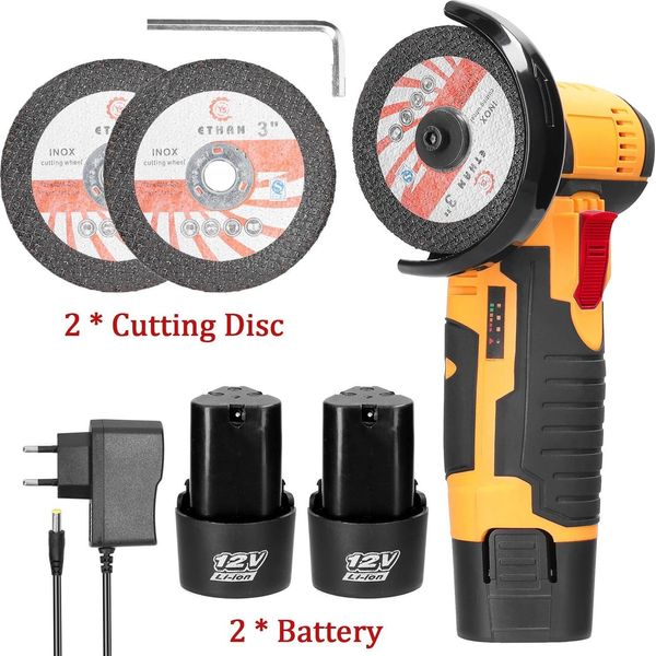 Smerigliatrice Angolare A Batteria - Mini Smerigliatrice Da 12V - Disco Da 76 Mm - Velocità 19.500 Giri/Min - Controllo Della Velocità - Due Batterie Ricaricabili, Caricabatterie Ue - Giallo-image