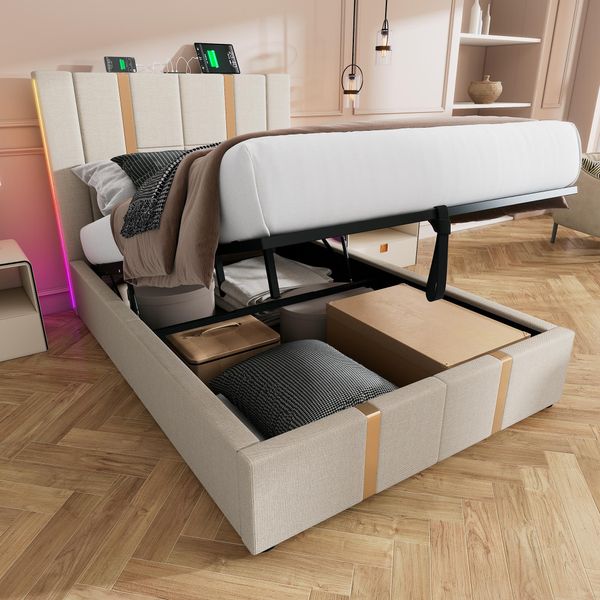 Letto Imbottito Sweiko Funzione Di Ricarica Usb Type C App-Control Led Letto Singolo 90×200 Letto Contenitore Struttura Del Letto, Rete A Doghe In Legno, Materiale Lino Beige (Con Materasso)-image