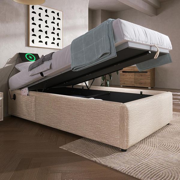 Letto Imbottito Sweiko, Letto Singolo 90×190 Cm, Rete Sturaumbett Con USB-C E Rete A Doghe A Superficie Intera, Senza Testata, Lino, Naturale, Senza Materasso-image