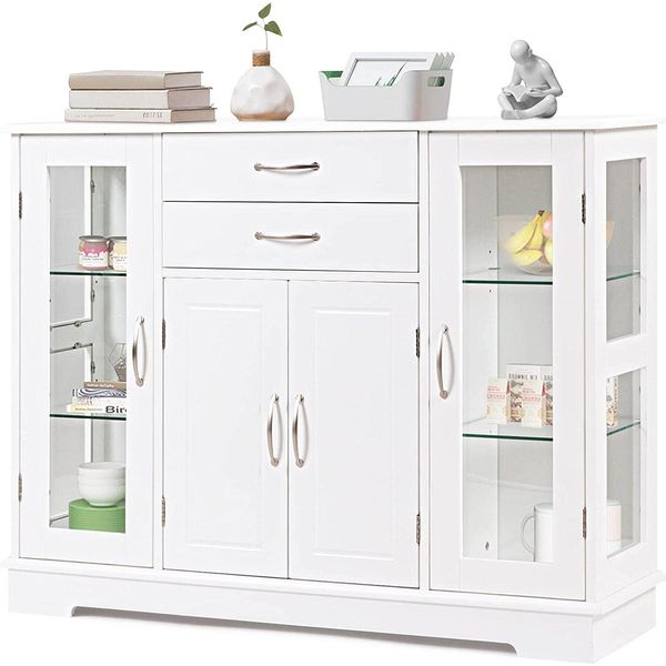 Costway Mobile Da Cucina Credenza Mobile Laterale Con Ante E Cassetti In Vetro Temperato Bianco-image