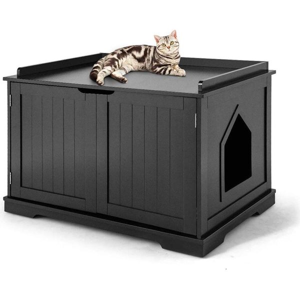 Costway Casa Per Gatti Con Letto, Lettiera Chiusa Con Ingresso, Cassa Per Animali Domestici In Struttura Di Legno, Grande Lettiera Per Gatti Per Cani Da Compagnia (Nero)-image