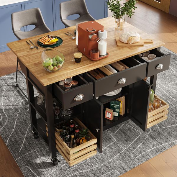 Carrello Da Cucina Flieks Con Piano Di Lavoro Estensibile, Carrello Da Cucina Per Alimenti Con Spazio Di Archiviazione E Cestini Estraibili, Nero-image
