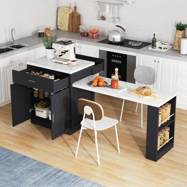 Carrello Da Portata Con Tavolo Allungabile Flieks, Carrello Da Cucina A Isola Con Cassetti E Ripiani Regolabili, Carrello Da Cucina Con Tavolo Allungabile, Nero-image