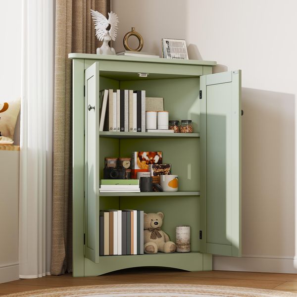 Fortuna Lai Armadio Angolare Verde Per Bagno – Armadio Triangolare Indipendente A 2 Ante Con 3 Ripiani, Pannello Mdf Di Alta Qualità Con Superficie Laccata, Salvaspazio Per Bagno, Cucina, Soggiorno (61,5 X 90 Cm)-image