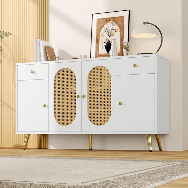 Credenza Merax, Cassettiera A 4 Ante E 2 Cassetti, Gambe In Metallo, Credenza Portaoggetti, Credenza In Rattan, Credenza Per Soggiorno E Cucina, Bianco-image