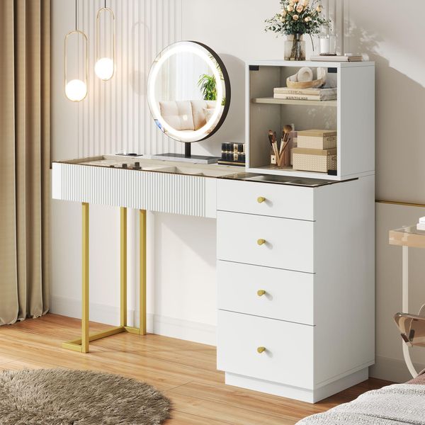 Tavolino Da Toilette Merax Con Specchio Illuminato A Led, 5 Cassetti, Mobile Con Anta In Vetro, Piano In Vetro Temperato, Moderno Tavolo Cosmetico Bianco-image