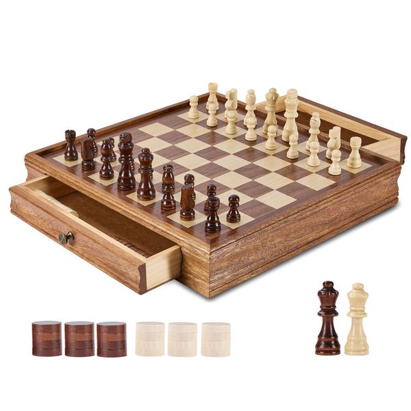 Set Di Scacchi Vevor In Legno Massiccio, Set Di Scacchi E Dama 2 In 1, Scacchiera Da 38 Cm Con Cassetto Portaoggetti E Pezzi Degli Scacchi, Per Tornei, Professionisti E Principianti Di Adulti E Bambini-image