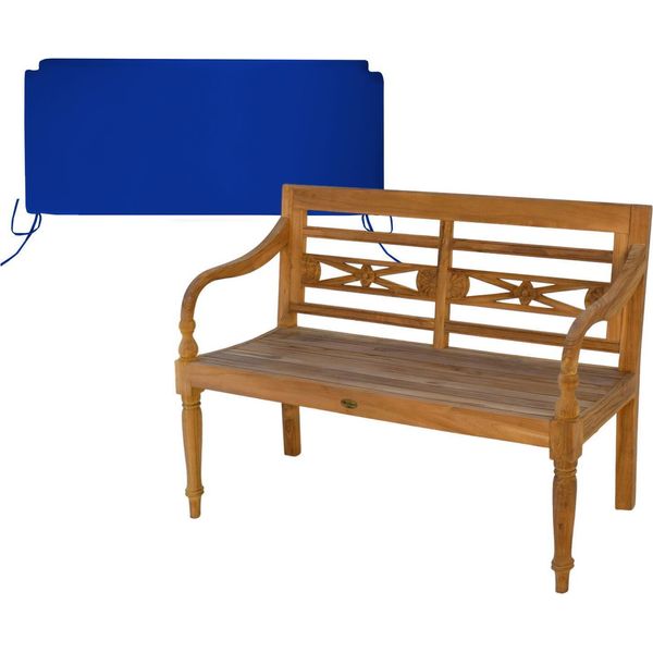Panca Da Giardino Teako Design Aoste In Teak - Panca In Legno Massiccio Resistente Alle Intemperie Con Schienale Floreale (120 Cm, Blu)-image