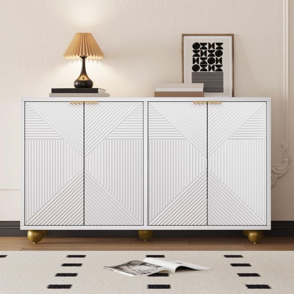 Credenza Flieks, Credenza A 4 Ante, Cassettiera Con Gambe Sferiche, Armadio Per Sala Da Pranzo Soggiorno Corridoio, Bianco-image