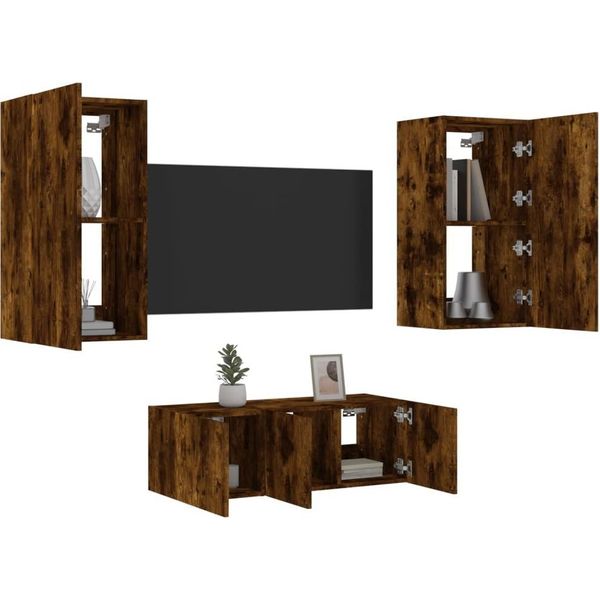 Maison Exclusive - Mobili Tv A Muro Con Led 4Pz Rovere Fumo In Legno Multistrato-image