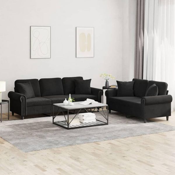 Set Di Divani Semplici A 2 Pezzi Con Cuscini In Velluto Nero - Classic Sofas DE1143423 4Parcel-image