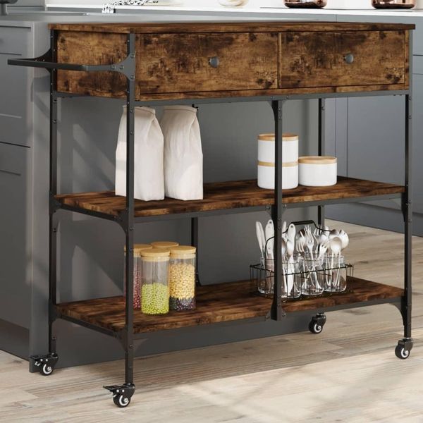 Best MöBel Carrello Da Cucina In Rovere Affumicato 105X42X95 Cm Materiale A Base Di Legno - Carrello Portavivande Cloris New3531552 1Pacco-image