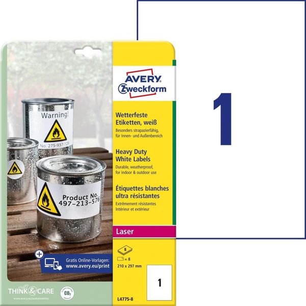 Avery Zweckform Heavy Duty L4775 - Poliestere - Opaco - Adesivo Permanente - Bianco - A4 (210 X 297 Mm) - 75 G/M² - 8 Etichette Etichette-image