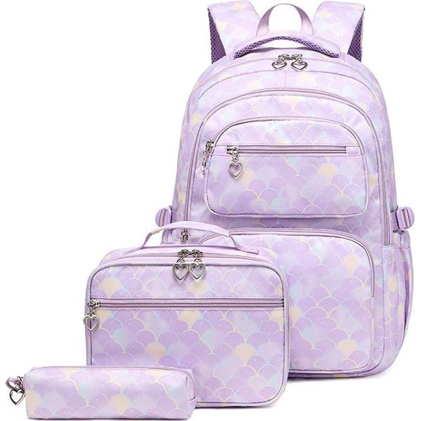 Zaino Scuola Ragazze 3 Pezzi Con Borsa Pranzo Astuccio Matita, Zaino Leggero Per Scuola In Viaggio, Viola-image