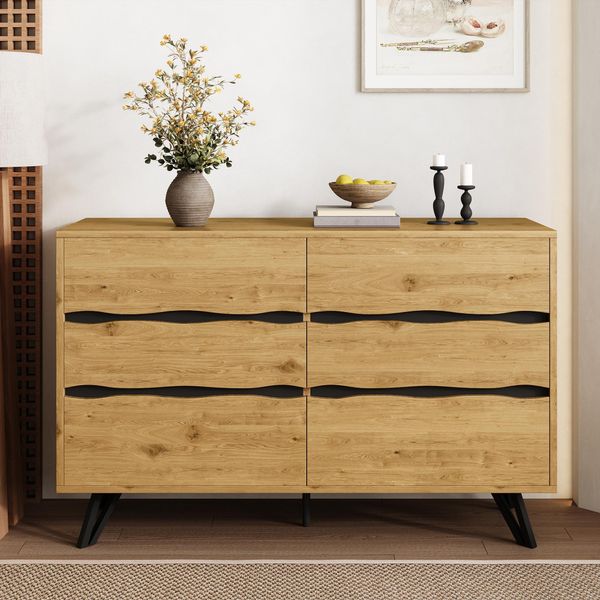 Credenza Effetto Legno 120×40×75,5 Cm, 6 Cassetti, Per Soggiorno E Sala Da Pranzo-image