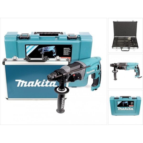 Makita Hr 2470 780 W Sds-Plus 24 Mm Trapano A Percussione In Valigetta + D-42444 Set Di Punte Sds-Plus 17 Pezzi In Valigetta Di Alluminio-image