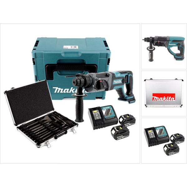 Trapano A Percussione A Batteria Makita Dhr 241 Rtj 18 V Li-Ion Con Attacco Sds-Plus In Makpac + 2X Batteria Bl 1850 B 5,0 Ah + Caricatore Rapido Dc 18 Rc + Set Di Punte Makita D-42444 Sds-Plus 17 Pezzi In Valigetta Di Alluminio-image