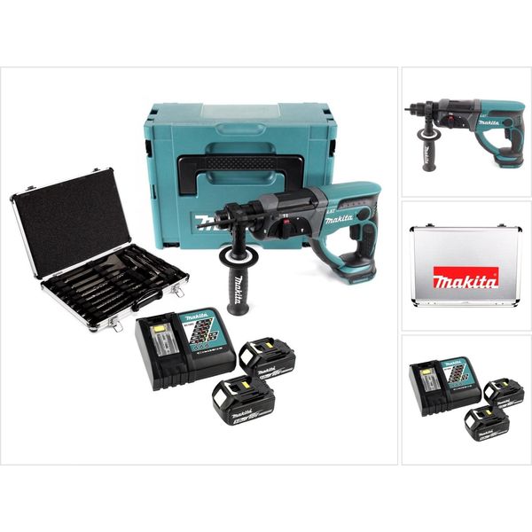 Makita Dhr 202 Rtj 18 V Martello Combinato A Batteria Sds-Plus In Makpac + 2 Batterie Da 5,0 Ah + Caricabatterie DC18RC + D-42444 Set Di Punte E Scalpelli Sds-Plus 17 Pezzi In Valigetta Di Alluminio-image
