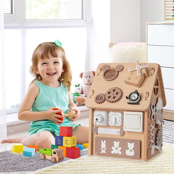 Casetta In Legno Per Bambini Costway, Casa Giocattolo Sensoriale Con Gioco Sensoriale E Spazio Di Archiviazione All'interno, Cubo Di Attività Giocattolo Montessori Per Bambini E Bambine Dai 3 Anni In Su-image