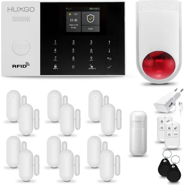 Huxgo HXA005 Sistema Di Allarme Casa Wifi + Gsm 2G Con Sirena Wireless Sistema Di Allarme Con Sensore Di Movimento E 12X Sensore Porta-Finestra, Sistema Di Allarme Per Appartamento, Casa, Garage, Tuya Smartlife App-image