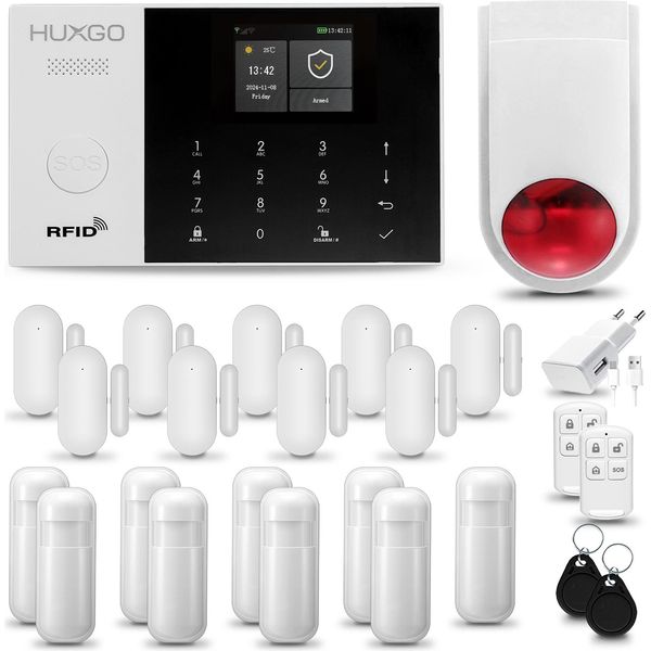 Huxgo HXA005 Sistema Di Allarme Casa Wifi + Gsm 2G Con Sirena Wireless Sistema Di Allarme Con 9X Sensori Di Movimento E 9X Sensori Porta-Finestra, Sistema Di Allarme Per Appartamento, Casa, Garage, Tuya Smartlife App-image