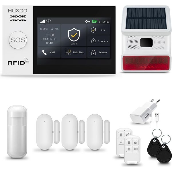 Huxgo HXA007 Sistema Di Allarme Casa Wifi + Gsm 4G Con Sirena Wireless, Sistema Di Allarme Con 1X Sensore Di Movimento E 3X Sensore Porta-Finestra, Sistema Di Allarme Per Appartamento, Casa, Garage, App Tuya Smartlife-image