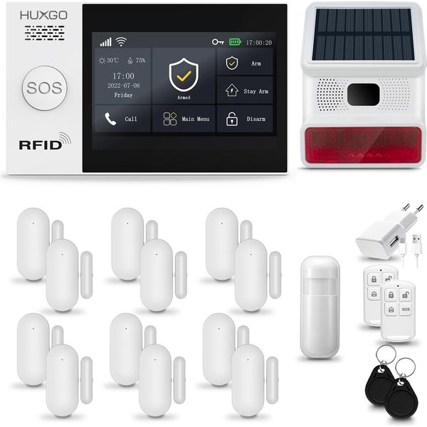 Huxgo HXA007 Sistema Di Allarme Casa Wifi + Gsm 4G Con Sirena Wireless, Sistema Di Allarme Con 1X Sensore Di Movimento E 12X Sensore Porta-Finestra, Sistema Di Allarme Per Appartamento, Casa, Garage, Tuya Smartlife App-image