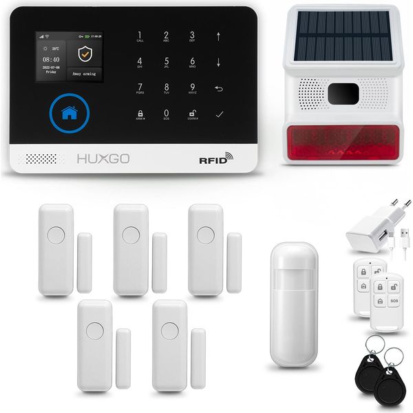 Huxgo HXA003 Sistema Di Allarme Casa Wifi + Gsm 4G Con Sirena Wireless, Sistema Di Allarme Con 1X Sensore Di Movimento E 5X Sensore Porta-Finestra, Sistema Di Allarme Per Appartamento, Casa, Ufficio, Tuya Smartlife App-image