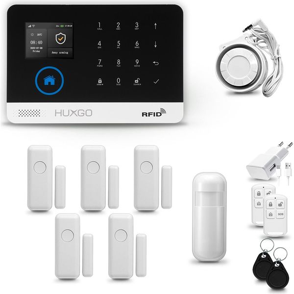 Huxgo HXA003 Sistema Di Allarme Casa Wifi + Gsm 4G Con Sirena, Sistema Di Allarme Con 1X Sensore Di Movimento E 5X Sensore Porta-Finestra, Sistema Di Allarme Per Appartamento, Casa, Ufficio, App Tuya Smartlife-image