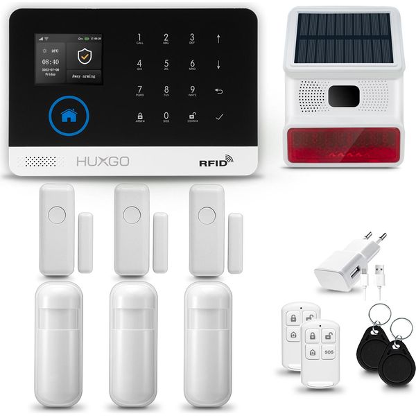 Huxgo HXA003 Sistema Di Allarme Casa Wifi + Gsm 4G Con Sirena Wireless, Sistema Di Allarme Con 3X Sensore Di Movimento E 3X Sensore Porta-Finestra, Sistema Di Allarme Per Appartamento, Casa, Ufficio, Tuya Smartlife App-image
