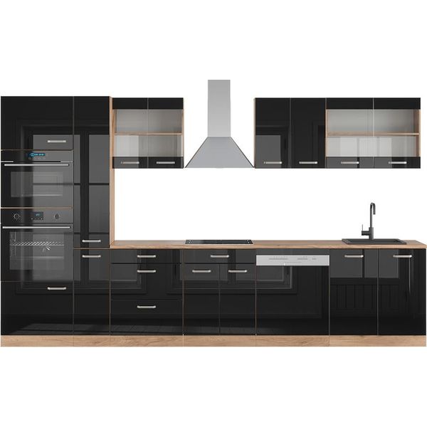 Vicco Cucina Componibile R-Line, 350 Cm Con Armadio Alto, Pl Rovere, Nero Lucido/Quercia Dorata-image