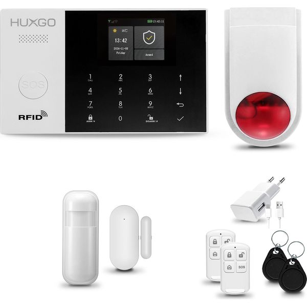 Huxgo HXA005 Sistema Di Allarme Casa Wifi + Gsm 2G Con Sirena Wireless Sistema Di Allarme Con Sensore Di Movimento E Sensore Porta-Finestra, Sistema Di Allarme Per Appartamento, Casa, Garage, App Tuya Smartlife-image