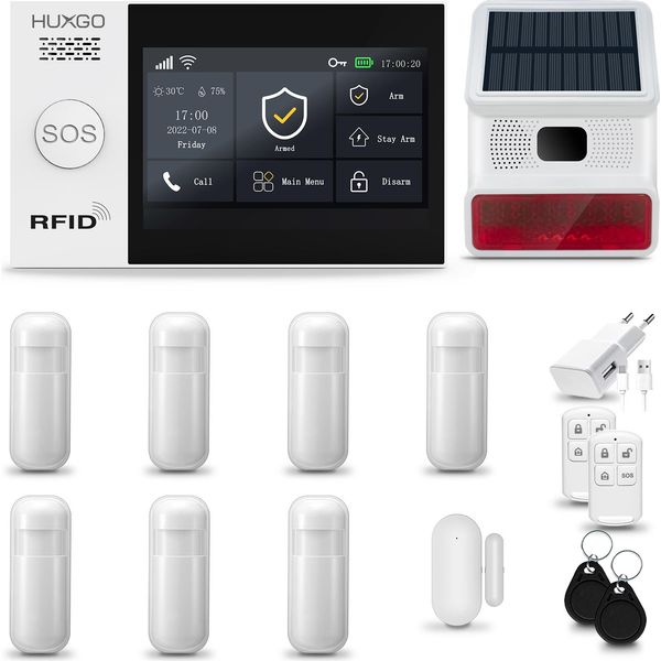 Huxgo HXA007 Sistema Di Allarme Casa Wifi + Gsm 4G Lte Con Sirena Wireless, Sistema Di Allarme Con 7X Sensori Di Movimento E 1X Sensore Porta-Finestra, Sistema Di Allarme Per Appartamento, Casa, Garage, Tuya Smartlife App-image