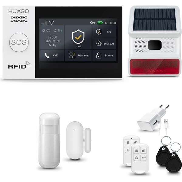 Huxgo HXA007 Sistema Di Allarme Casa Wifi + Gsm 4G Lte Con Sirena Wireless, Sistema Di Allarme Con 1X Sensore Di Movimento E 1X Sensore Porta-Finestra, Sistema Di Allarme Per Appartamento, Casa, Garage, Tuya Smartlife App-image