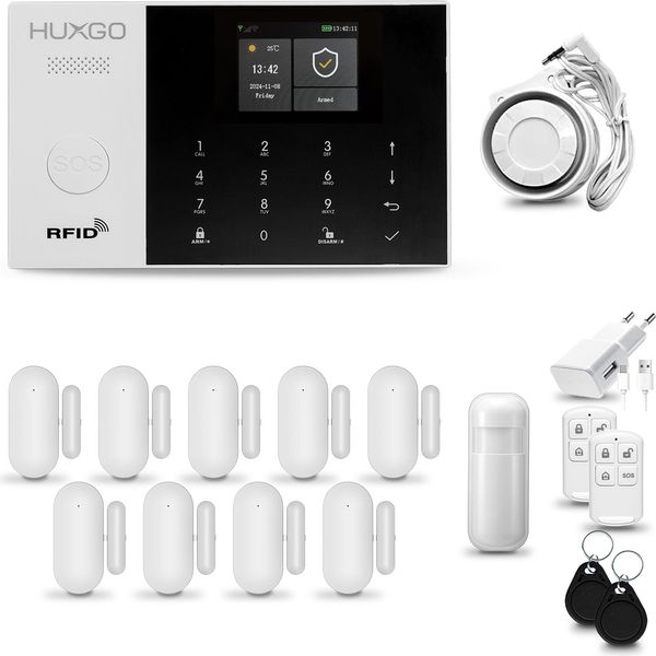 Huxgo HXA005 Sistema Di Allarme Casa Wifi + Gsm 4G Con Sirena, Sistema Di Allarme Con 1X Sensore Di Movimento E 9X Sensore Porta-Finestra, Sistema Di Allarme Per Appartamento, Casa, Garage, Tuya Smartlife App-image