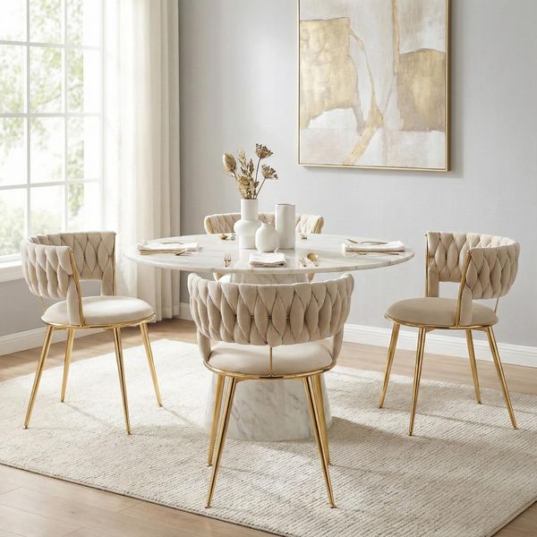 Lvhom Sedia Da Pranzo In Velluto Set Di 4 Sedie Con Schienale, Sedia Imbottita Sedia Da Cucina Con Gambe In Metallo Dorato, Avorio-image