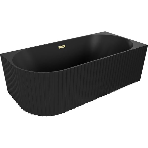Mexen Gia Vasca Da Bagno Freestanding Angolare Scanalata Destra 170 X 80 Cm, Nero Opaco, Troppopieno Dorato Spazzolato-image