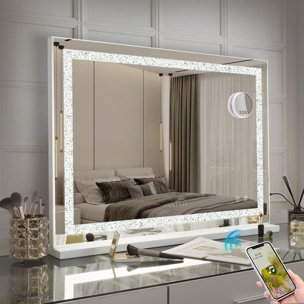 Vanitii Hollywood Specchio Per Il Trucco 80Cm X 58Cm Con Illuminazione A Led 3 Modalità Di Luce Cristalli Specchio Per Il Trucco Bluetooth Per Il Bagno Tavolo Da Toilette Bianco-image