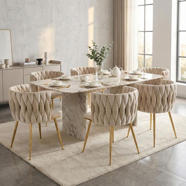 Lvhom Sedie Da Pranzo Imbottitura In Velluto Sedia Da Soggiorno Set Di 6 Sedia Imbottita Stile Intrecciato, Sedia Da Sala Da Pranzo, Struttura In Metallo Dorato, Avorio-image